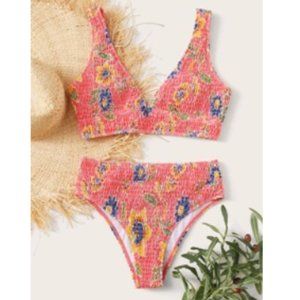 Floral Smocked High Waisted Bikini Swimsuit